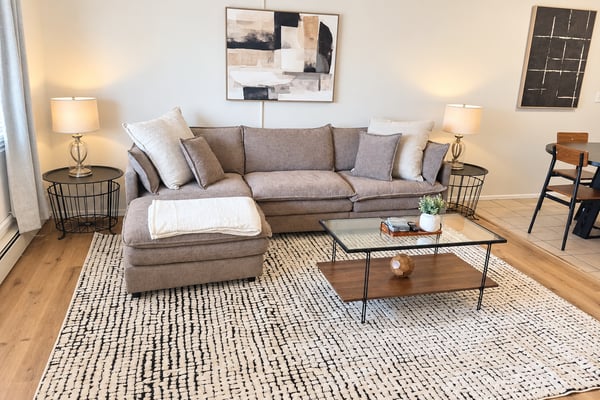 Open-plan living room with gray sofa, wooden coffee table, TV on media console, striped rug, dining table with black chairs, and white closets.
